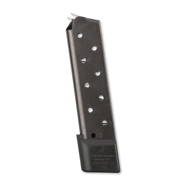 Chip McCormick Power Mag 1911 Government/Commander .45 ACP 10-Round Magazine with Extended Base Pad- Steel Black- 16150-C