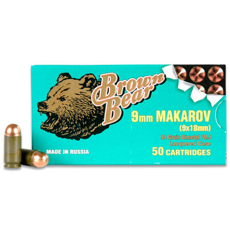 an image of the product Brown Bear 9x18mm Makarov 94 Gr. FMJ (Bi-Metal)- Box of 50 - A918RFMJ