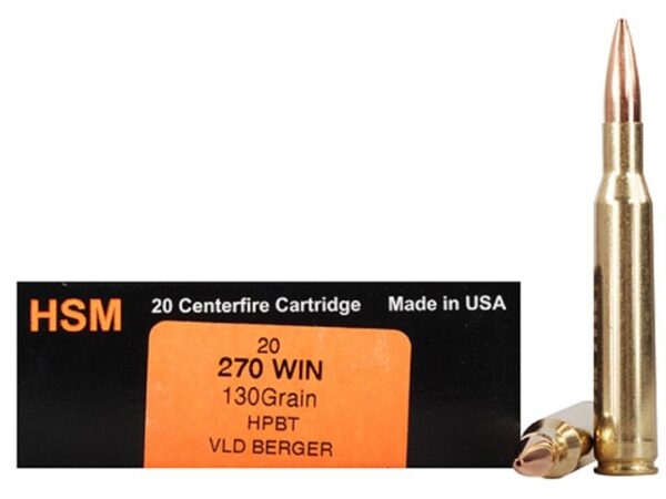 an image of the product HSM Trophy Gold .270 Winchester 130 Gr. Berger Hunting VLD Hollow Point Boat Tail- Box of 20 - 270130VLD