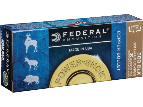 an image of the product Federal Power-Shok .300 AAC Blackout 120 Gr. Copper Hollow Point- Lead-Free- Box of 20 - 300BLK120LFA