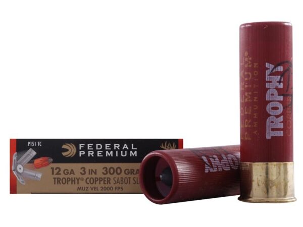 an image of the product Federal Premium Vital-Shok 12 Gauge 3" 300 Gr. Trophy Copper Tipped Sabot Slug Lead-Free- Box of 5 - P151TC