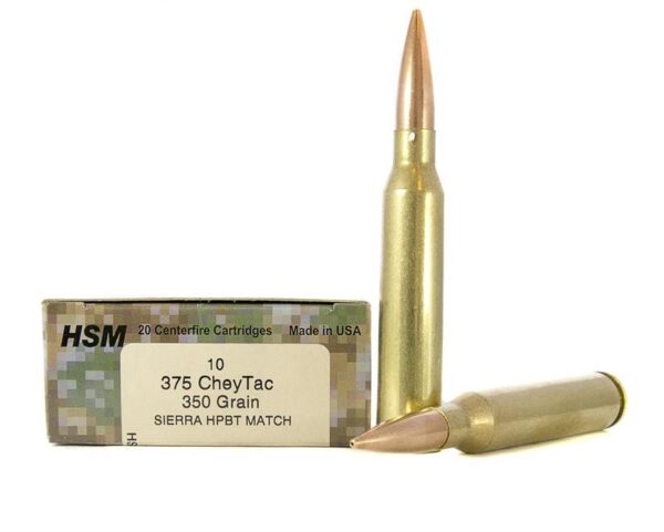 an image of a box of HSM Factory Blemish .375 CheyTac 350 Gr. Sierra MatchKing HPBT Match