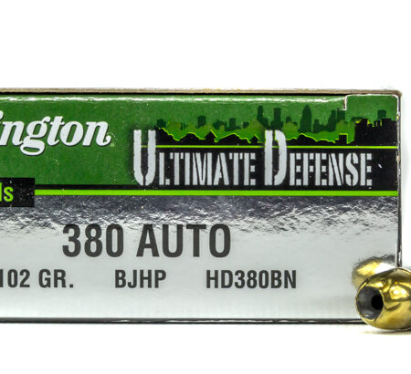 an image of the product Remington HD Ultimate Defense .380 ACP 102 Gr. Brass JHP- Box of 20 - HD380BN