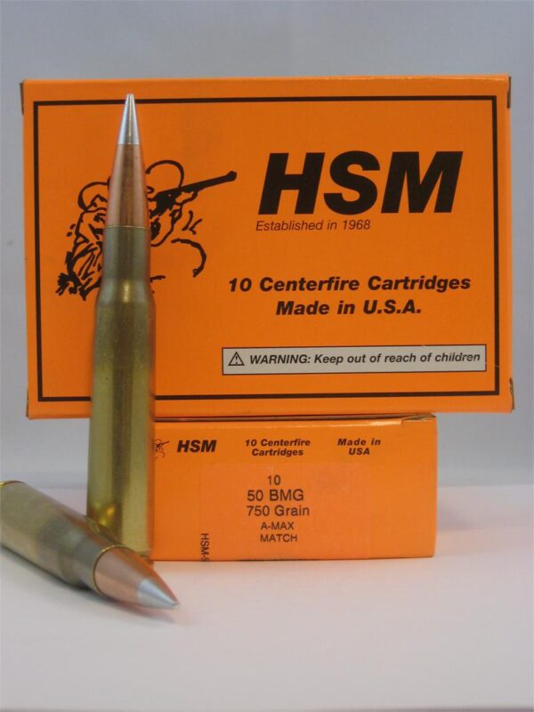 an image of the product HSM .50 BMG 750 Gr. A-Max Match- Box of 10 - 50BMG-2-N