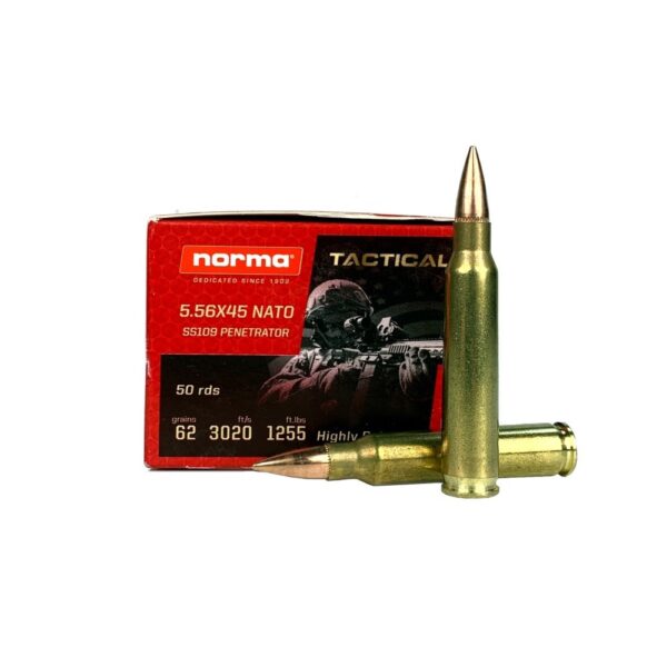 an image of the product Norma Tactical 5.56x45mm NATO 62 Gr. SS109 Penetrator Full Metal Jacket- Box of 50 - 2425729