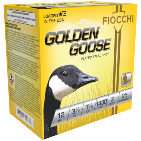 an image of the product Fiocchi Golden Goose 12 Gauge 3-1/2" 1-5/8 oz #2 Zinc Plated Steel Shot- Non-Toxic- Box of 25 - 1235GG2