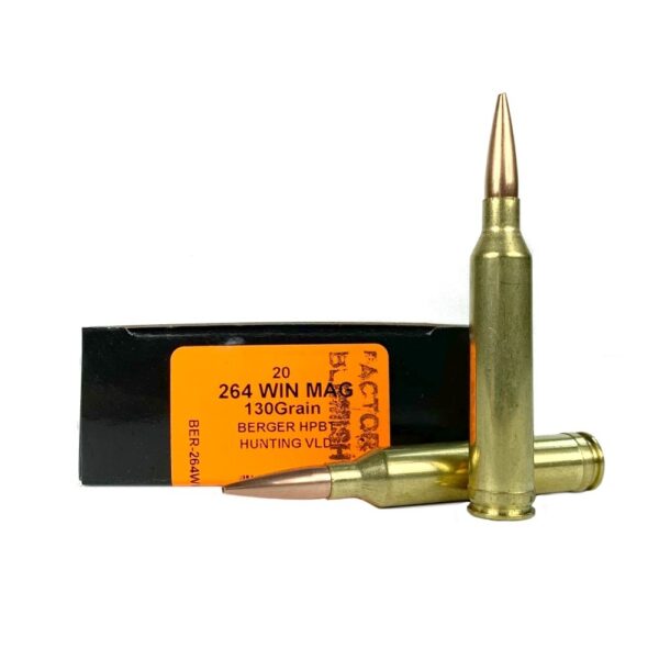 an image of the product HSM Factory Blemish Trophy Gold .264 Winchester Magnum 130 Gr. Berger Hunting VLD Hollow Point Boat Tail- Box of 20 - 264WM130VLD-FB