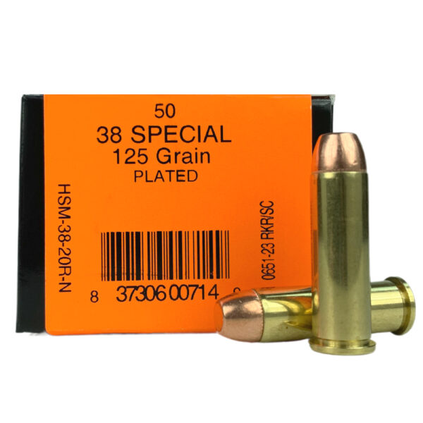 an image of the product HSM .38 Special 125 Gr. Plated Flat Point- Box of 50 - 38-20R-N