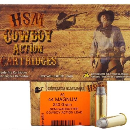 an image of a box of HSM Factory Blemish .44 Magnum 240 Gr. Semi-Wadcutter "Cowboy Action" Lead- 44M-1-N-FB