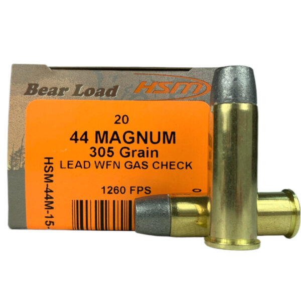 an image of the product HSM .44 Remington Magnum 305 Gr. Lead WFN Gas Check "Bear Load"- Box of 20 - 44M-15-N-20