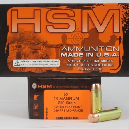 an image of a box of HSM .44 Magnum 240 Gr. Plated Flat Point