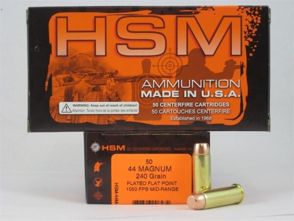 an image of a box of HSM .44 Magnum 240 Gr. Plated Flat Point