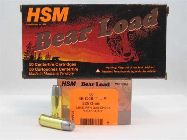 an image of a box of HSM "Bear Load" Factory Blemish .45 Long Colt +P 325 Gr. Lead WFN Gas Check