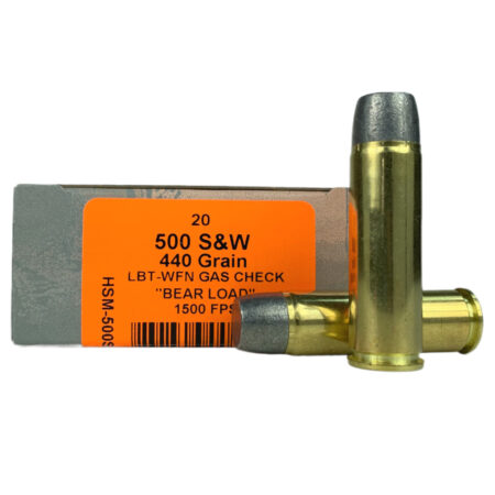 an image of the product HSM .500 S&W 440 Gr. Lead Wide Flat Nose Gas Check "Bear Load"- Box of 20 - 500SW-6-N