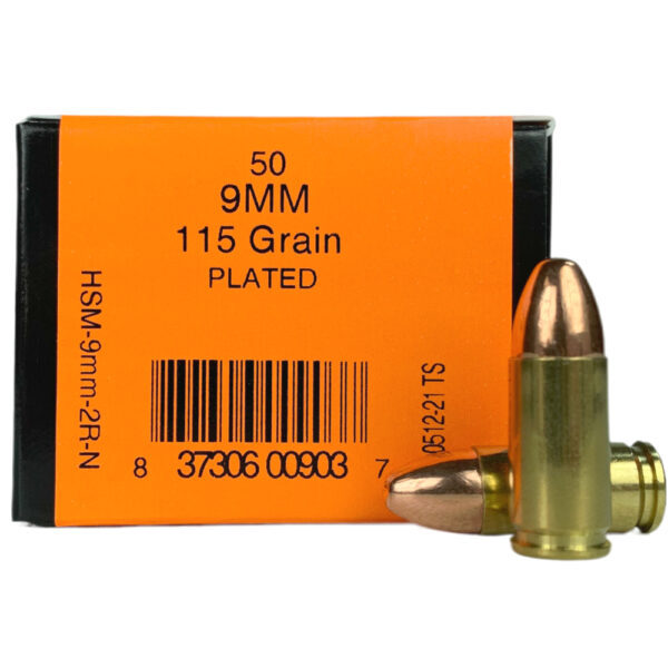 HSM 9mm Luger 115 Gr. Plated Round Nose- Box of 50- 9mm-2R-N