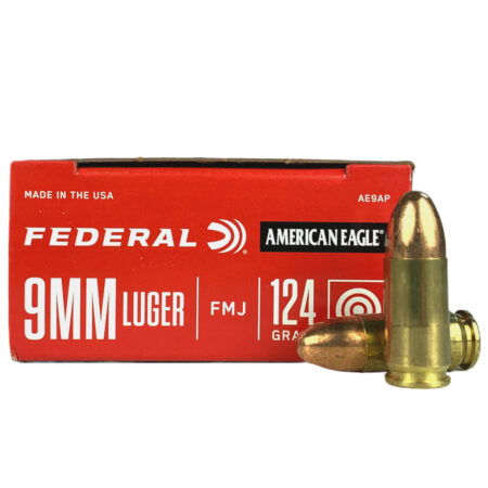 an image of the product Federal American Eagle 9mm Luger 124 Gr. Full Metal Jacket- Box of 50- AE9AP