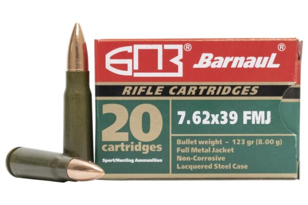 an image of the product Barnaul 7.62x39mm 123 Gr. FMJ (Bi-Metal)- Box of 20 - B762FMJ