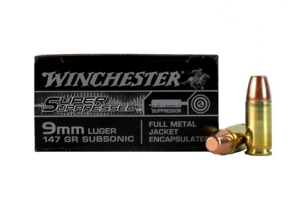 an image of the product Winchester Super Suppressed 9mm Luger 147 Gr. Encapsulated Full Metal Jacket- Box of 50 - SUP9