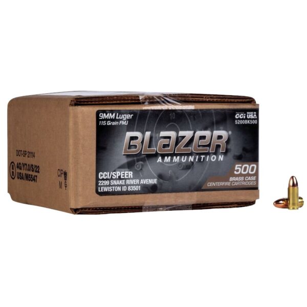 an image of the product CCI Blazer Brass 9mm Luger 115 Gr. Full Metal Jacket- Box of 500 - 5200BK500