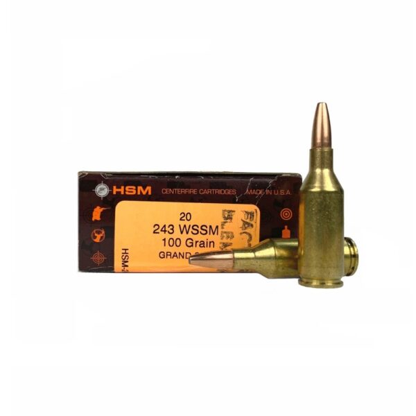 an image of the product HSM Factory Blemish .243 Winchester Super Short Magnum (WSSM) 100 Gr. Grand Slam Soft Point- Box of 20 - 243WSSM-3-N-FB