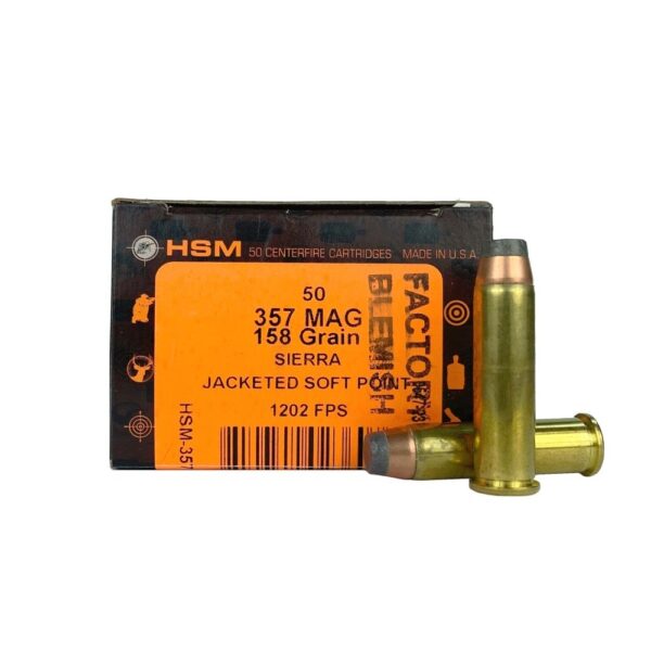 an image of the product HSM Factory Blemish .357 Magnum 158 Gr. Sierra Jacketed Soft Point- Box of 50 - 357-22-N-FB