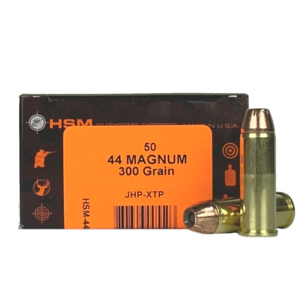 an image of the product HSM Factory Blemish .44 Magnum 300 Gr. Hornady XTP Jacketed Hollow Point(Small Primer)- Box of 50 - 44M-8-N-FB