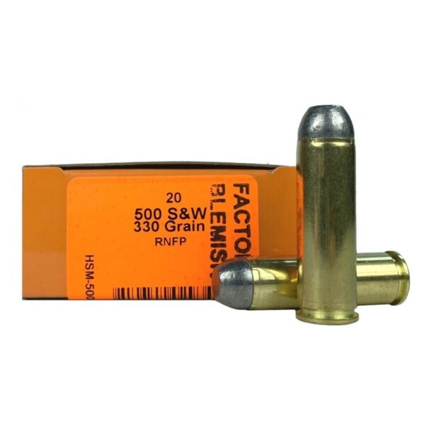 an image of the product HSM Factory Blemish .500 S&W Magnum 330 Gr. Lead Round Nose Flat Point- Box of 20 - 500SW-10-N-FB