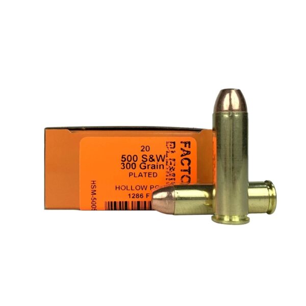 an image of the product HSM Factory Blemish .500 S&W Magnum 300 Gr. Plated Hollow Point- Box of 20 - 500SW-8R-N-FB