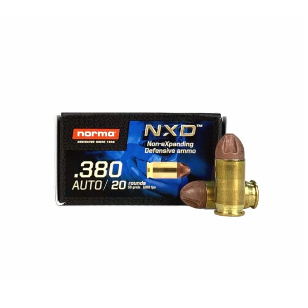 an image of the product Norma NXD .380 ACP 56 Gr. Fluted Non-eXpanding Defensive- Box of 20 - 611040020