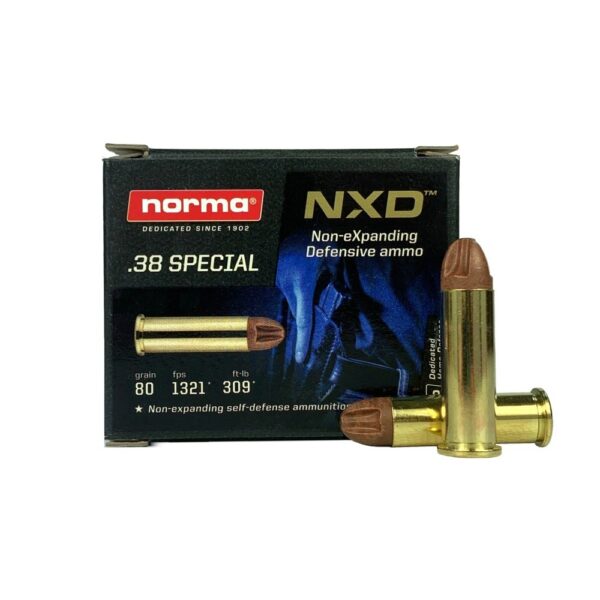 an image of the product Norma NXD .38 Special 80 Gr. Fluted Non-eXpanding Defensive-Lead Free- Box of 20 - 611240020