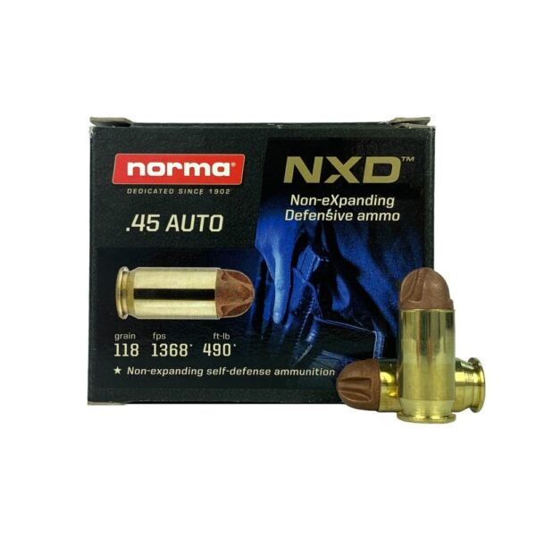 an image of the product Norma NXD .45 Auto 118 Gr. Fluted Non-eXpanding Defensive- Lead Free- Box of 20 - 611540020