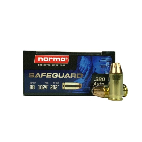 an image of the product Norma Safeguard .380 Auto 88 Gr. Jacketed Hollow Point- Box of 50 - 803807680