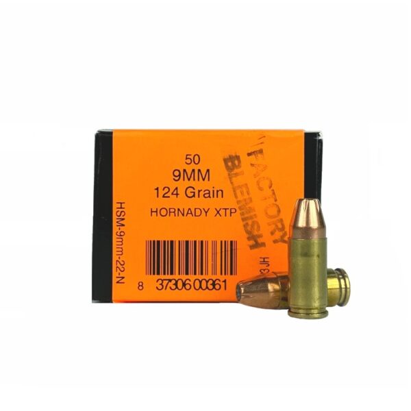 an image of the product HSM Factory Blemish 9mm Luger 124 Gr. Hornady XTP Jacketed Hollow Point- Box of 50 - 9MM-22-N-FB