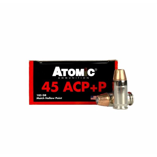 an image of the product Atomic .45 ACP +P 185 Gr. Match Jacketed Hollow Point- Box of 20 - A00458