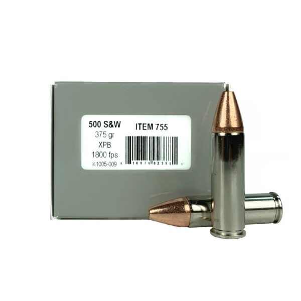 an image of the product Underwood .500 S&W Magnum 375 Gr. Solid Copper XPB Hollow Point- Lead Free- Box of 20 - A755