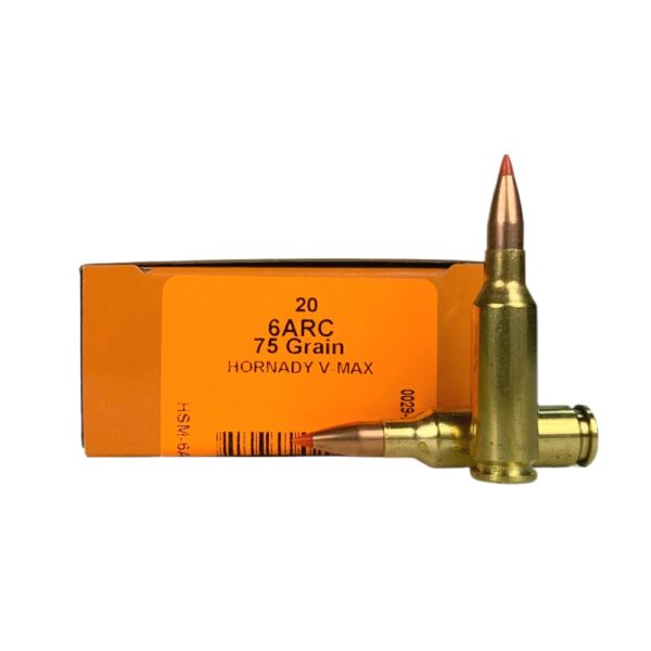 an image of the product HSM 6mm ARC 75 Gr. Hornady V-Max- Box of 20 - 6ARC-1-N