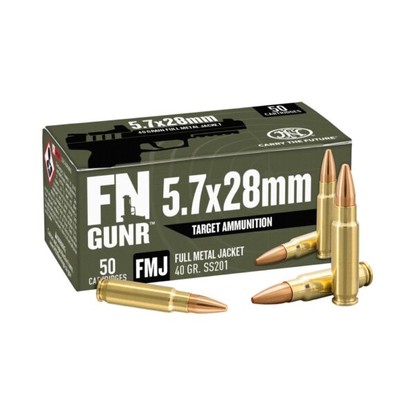 an image of the product FN GUNR SS201 5.7x28mm FN 40 Gr. Full Metal Jacket- Box of 50 - 10700032