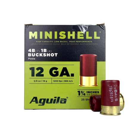 an image of the product Aguila Minishell 12 Gauge 1-3/4" 5/8 oz #4 Buckshot(7 Pellet) & 1 Buckshot(4 Pellet)- Box of 25 - 1CHB1385