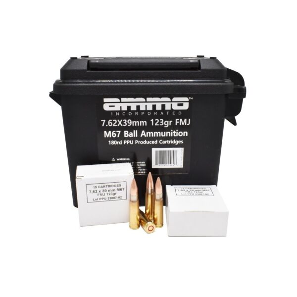 an image of the product Ammo Incorporated 7.62x39mm 123 Gr. M67 Ball Full Metal Jacket- Plastic Ammo Can of 180 - 762X39123FMJ-B180