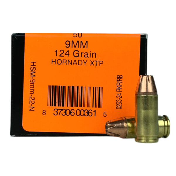 an image of the product HSM 9mm Luger 124 Gr. Hornady XTP Jacketed Hollow Point- Box of 50 - 9MM-22-N