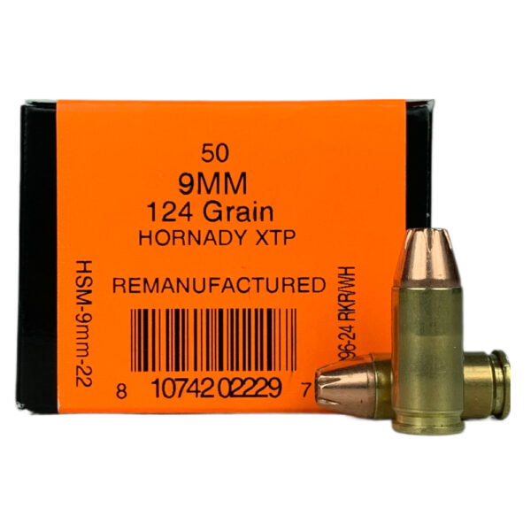 an image of the product HSM 9mm Luger 124 Gr. Hornady XTP Jacketed Hollow Point- Remanufactured- Box of 50 - 9MM-22