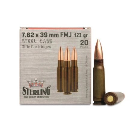 an image of the product Sterling 7.62x39mm 123 Gr. Full Metal Jacket (Bi-Metal)- Steel Case- Box of 20 - STER76239