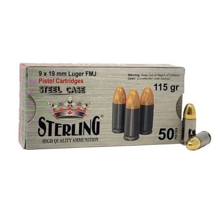 an image of the product Sterling 9mm Luger 115 Gr. Full Metal Jacket- Steel Case- Box of 50 - AM8189