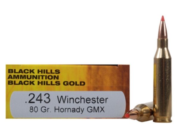 an image of the product Black Hills Gold .243 Winchester 80 Gr. Hornady GMX- Lead-Free- Box of 20 - 1C243BHGN7