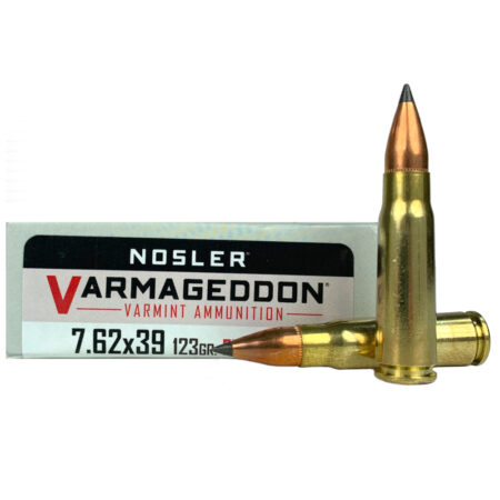 an image of the product Nosler Varmageddon 7.62x39mm 123 Gr. Polymer Tip Flat Base- Box of 20 - 60176